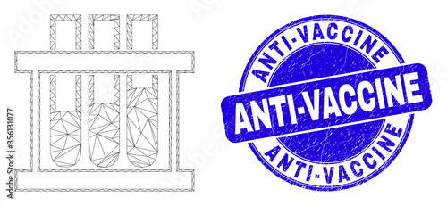 Web mesh chemical test tubes pictogram and Anti-Vaccine seal stamp. Blue vector rounded distress seal stamp with Anti-Vaccine phrase.