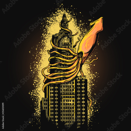 artwork vector illustration of giant squid and building, suitable for t-shirt, poster and etc