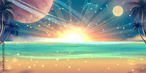 Summer sunset sea landscape with beach, golden sand, palm trees, fantasy planets, stars, moon, blue sky. Seascape illustration with tropical coast, shore, sun light beams background in vector.
