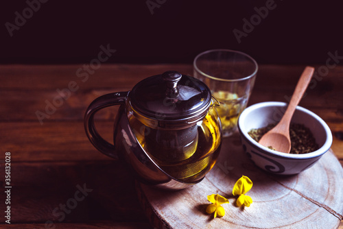 rural still life medicinal herb drink. Concept relaxation, relaxation. Close-up view.