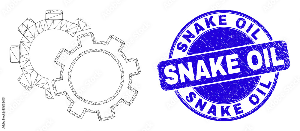 Obraz premium Web carcass cogs icon and Snake Oil stamp. Blue vector round grunge stamp with Snake Oil title. Abstract frame mesh polygonal model created from cogs icon.