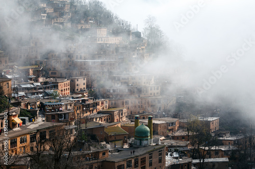 Foggy morning in mountain village Masouleh, Gilan Povince, Iran, unesco world heritage