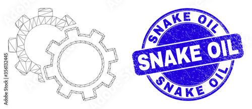 Web carcass cogs icon and Snake Oil stamp. Blue vector round grunge stamp with Snake Oil title. Abstract frame mesh polygonal model created from cogs icon.