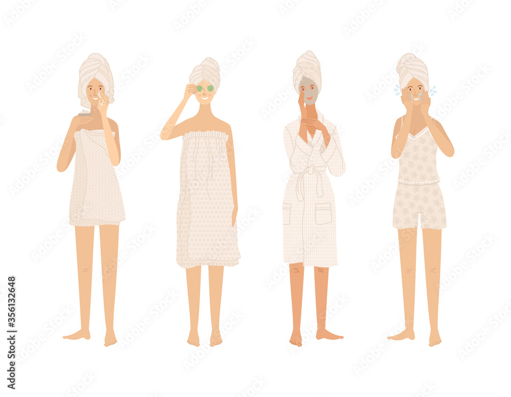 Beautiful young women standing in towels and bathrobe take care of their skin Beautiful young women standing in towels and bathrobe take care of their skin