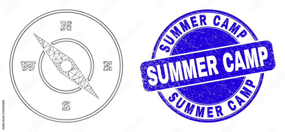 Obraz premium Web mesh compass pictogram and Summer Camp seal. Blue vector rounded grunge seal stamp with Summer Camp text. Abstract frame mesh polygonal model created from compass icon.