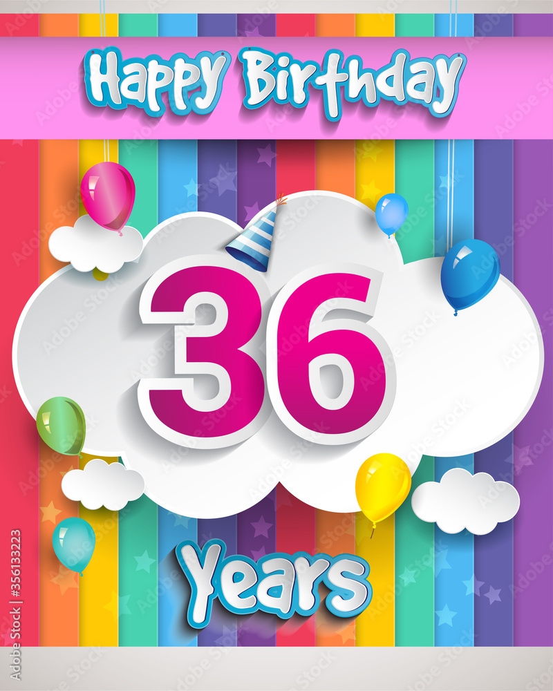 Celebrating 36th Anniversary logo, with confetti and balloons, clouds, colorful ribbon, Colorful Vector design template elements for your invitation card, banner and poster.