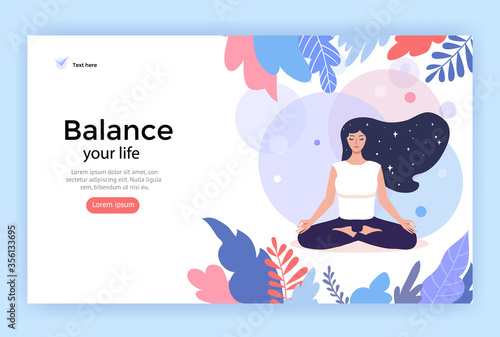 Yoga health benefits of the body, mind and emotions. Pretty young woman in lotus pose, vector flat illustration.