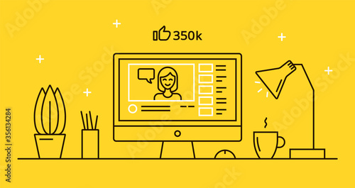 Vector image of a computer monitor with a video channel open on it. Flat illustration for video blogging. Linear icon for a successful vlog.