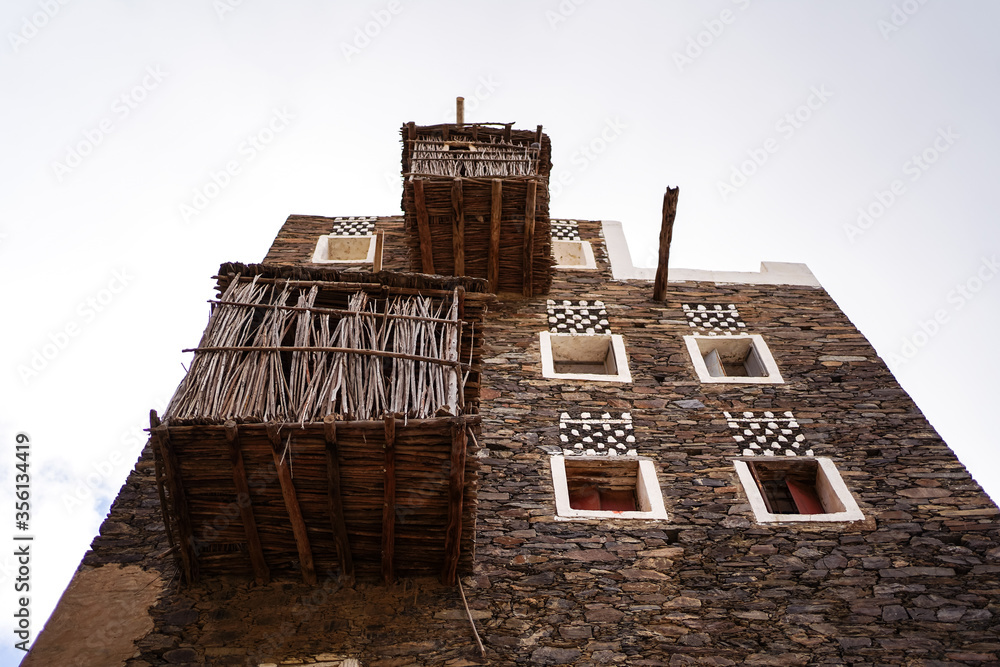 Low angle of beautiful historical houses in Rijal Almaa heritage village