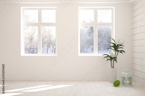White stylish empty room with winter landscape in window. Scandinavian interior design. 3D illustration © AntonSh