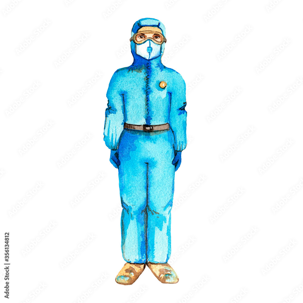 Full length doctor in protective suit and mask. Handmade watercolor illustration. Full length doctor in protective suit and mask. Handmade watercolor illustration.