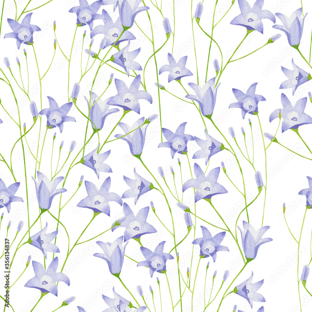 bluebell seamless pattern on white background watercolor
