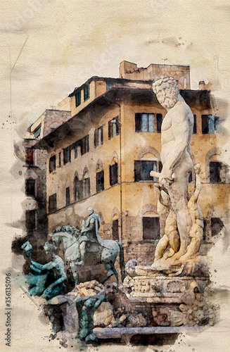 Watercolor painting from Piazza della Signoria in Florence Italy. Fountain of Neptune by Baccio Bandinelli and Bartolomeo Ammannati and equestrian statue of Cosimo I de Medici by Gianbologna. photo