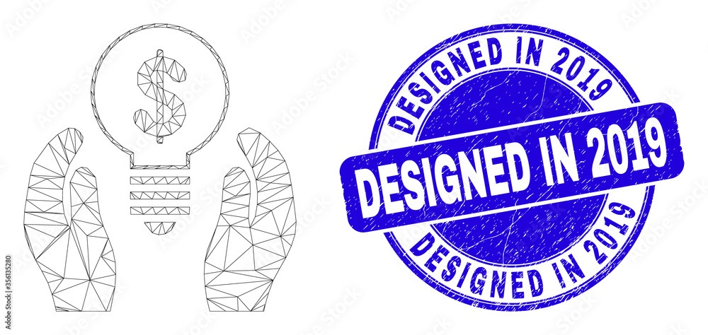 Web mesh dollar bulb care hands pictogram and Designed in 2019 watermark. Blue vector rounded scratched watermark with Designed in 2019 title.