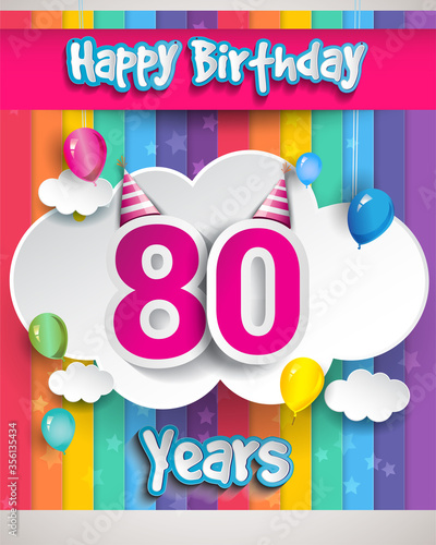 Celebrating 80th Anniversary logo, with confetti and balloons, clouds, colorful ribbon, Colorful Vector design template elements for your invitation card, banner and poster.