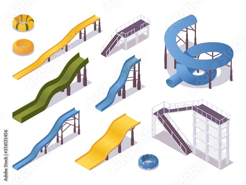 Isometric set of water slides and tubes, aquapark equipment. Swimming pool and stairs in various colors