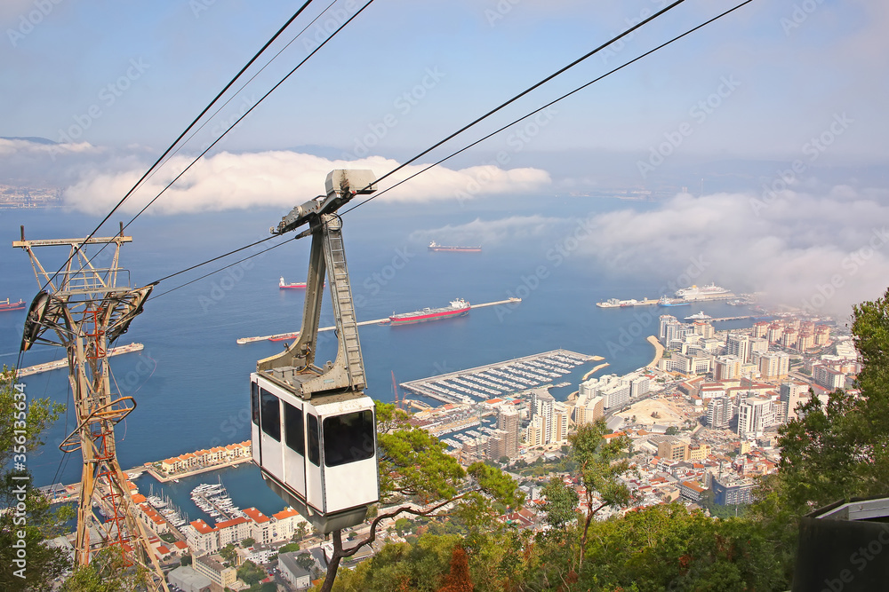 Cable Car or aerial tramway in Gibraltar viewed from the Rock at the top of the mountain, Gibraltar.