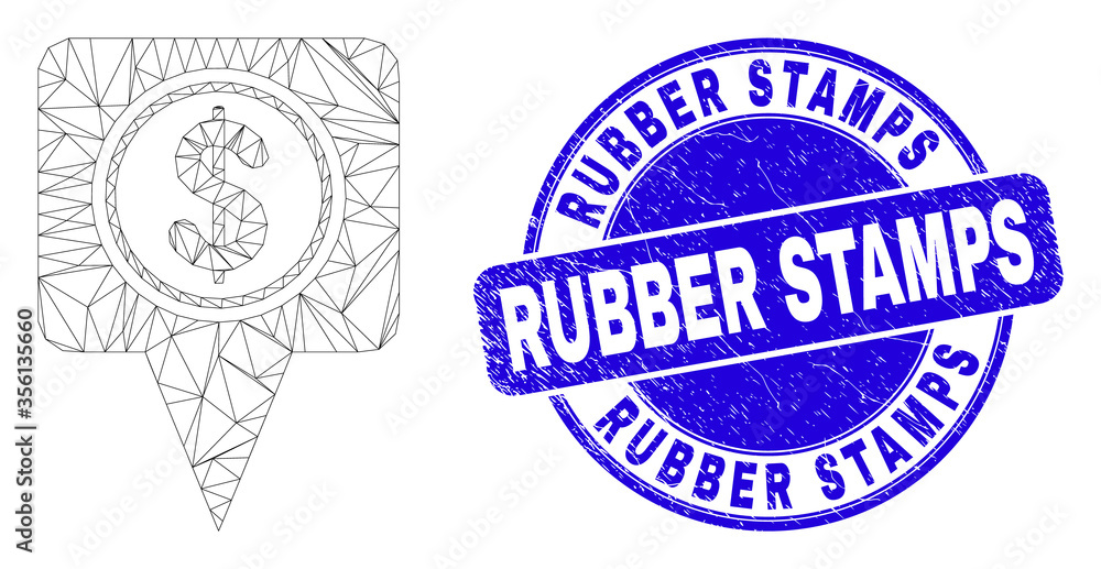 Web carcass dollar map marker pictogram and Rubber Stamps seal stamp. Blue vector rounded grunge seal stamp with Rubber Stamps caption.
