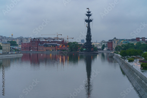 Moscow cityscape. Photography of Moskva River and Peter the Great Statue in summer rainy day. Coronavirus pandemic. Nobody at the Crimean embankment.