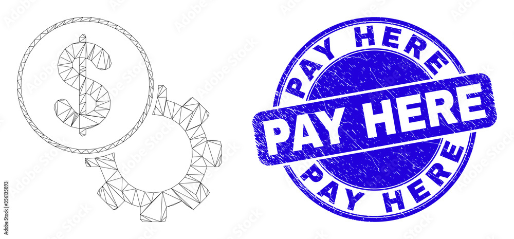 Web carcass dollar setup gear pictogram and Pay Here seal. Blue vector rounded textured seal stamp with Pay Here phrase. Abstract carcass mesh polygonal model created from dollar setup gear pictogram. Web carcass dollar setup gear pictogram and Pay Here seal. Blue vector rounded textured seal stamp with Pay Here phrase. Abstract carcass mesh polygonal model created from dollar setup gear pictogram.