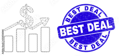 Web mesh dollar trends pictogram and Best Deal seal stamp. Blue vector rounded distress stamp with Best Deal text. Abstract frame mesh polygonal model created from dollar trends pictogram.