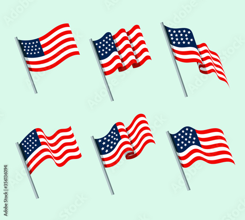 American flag set vector illustration. Different American waving flags.