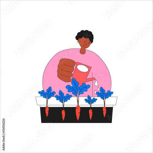 Young black woman watering carrot plants on the balcony. Balcony gardening concept vector illustration. Growing plants all year round