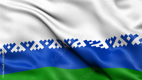 Flag of Nenets Autonomous Okrug waving in the wind. 3D illustration. photo