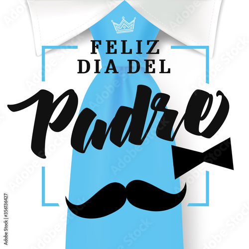 Happy fathers day typography on blue necktie with mustache and black bow tie Spanish version. Father`s day sale promotion banner. Vector illustration