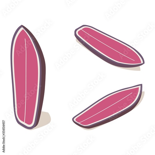 Isometric shortboard surfboard standing set, 3d lying pink water sport object in various foreshortening.