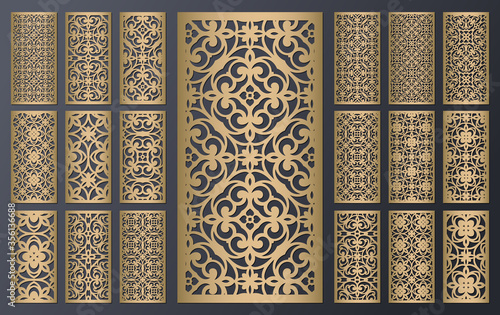 Laser cut ornamental panels set, ratio 1:2. Template for wedding invitation or greeting card. Cabinet fretwork screen. Metal design, wood carving, vector.