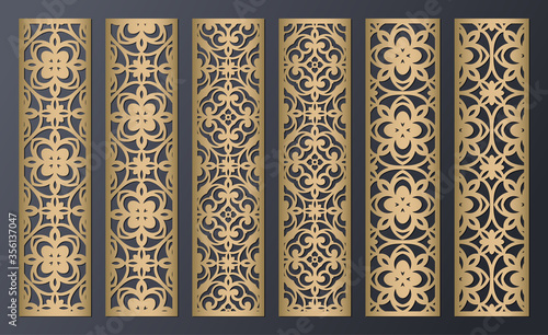 Laser cut decorative lace borders patterns. Set of bookmarks templates. Cabinet fretwork panel. Lasercut metal panel. Wood carving. Vector.