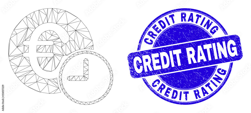 Web mesh euro credit time pictogram and Credit Rating watermark. Blue vector round scratched watermark with Credit Rating message.