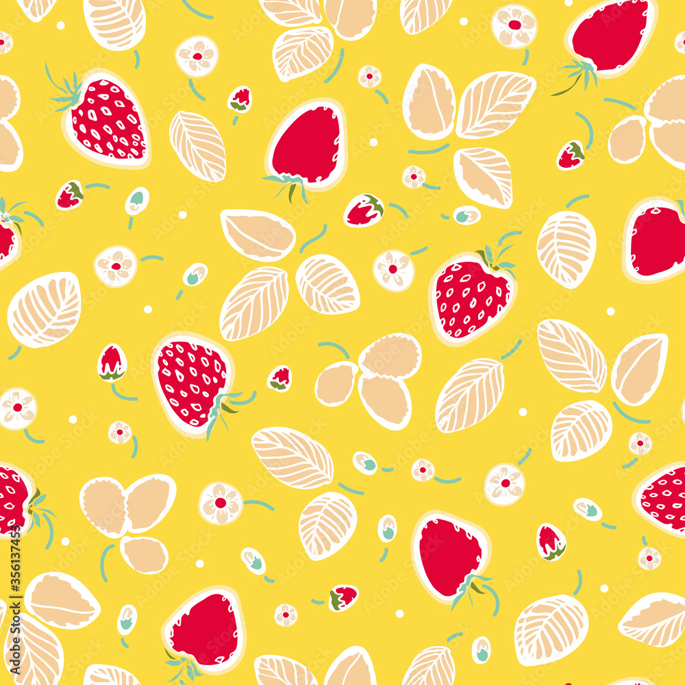 Vector strawberry summer pattern. Graphic modern cut out repeating design. Hand drawn berry fruit pattern with leaf and blossom on yellow background. Hand drawn pastel backdrop. Vector strawberry summer pattern. Graphic modern cut out repeating design. Hand drawn berry fruit pattern with leaf and blossom on yellow background. Hand drawn pastel backdrop.