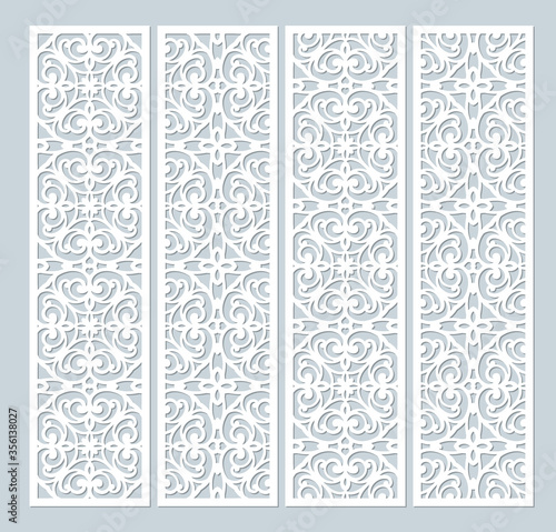 Laser cut decorative lace borders patterns. Set of bookmarks templates. Cabinet fretwork panel. Lasercut metal panel. Wood carving. Vector.
