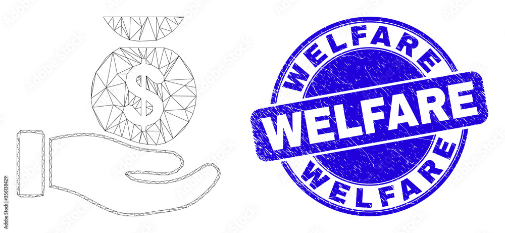 Fototapeta premium Web mesh financial service hand pictogram and Welfare stamp. Blue vector rounded grunge seal stamp with Welfare caption.
