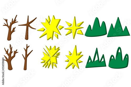 Set of abstract trees without leaves, stars and mountains. Three-dimensional icons. photo