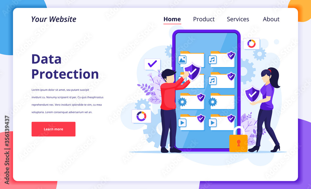 Data protection concept, people protecting data and files on a giant smartphone. Modern flat landing page design for website and mobile website. Vector illustration Data protection concept, people protecting data and files on a giant smartphone. Modern flat landing page design for website and mobile website. Vector illustration