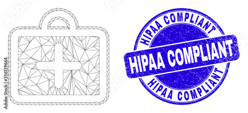 Web carcass first-aid case pictogram and Hipaa Compliant seal. Blue vector round distress seal stamp with Hipaa Compliant phrase.