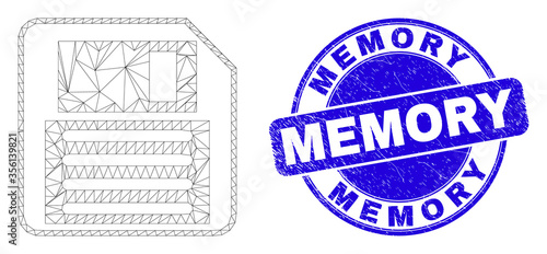 Web carcass floppy disk icon and Memory watermark. Blue vector rounded textured watermark with Memory text. Abstract frame mesh polygonal model created from floppy disk icon.