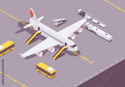 Isometric plane at the airport after landing. Loading cargo and baggage, people, airplane ground service cars around. Concept scene