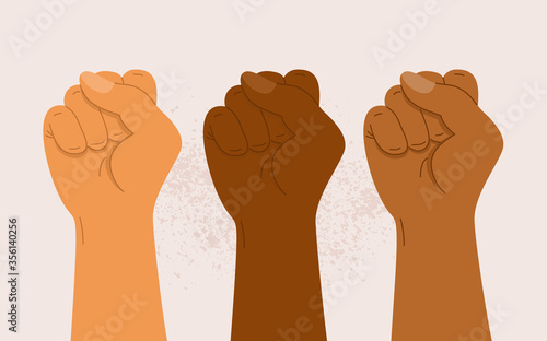 People of different nationalities and races raise up fists. Protest, stop racism, equality concept. Fight for your rights. Black lives matter. Human hands with clenched fists. Flat vector illustration