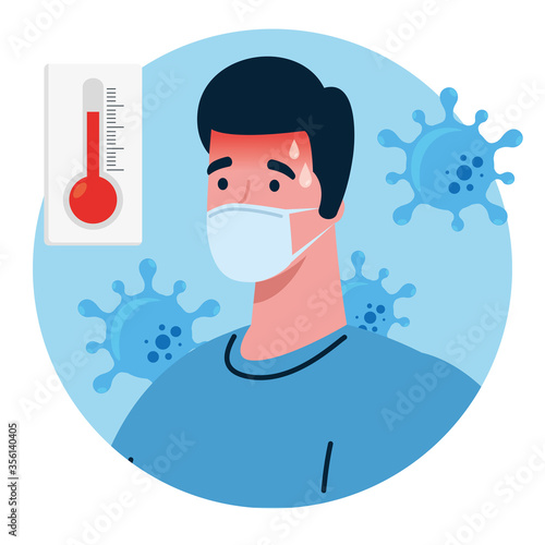 man wearing medical mask with high fever symptom of coronavirus covid 19