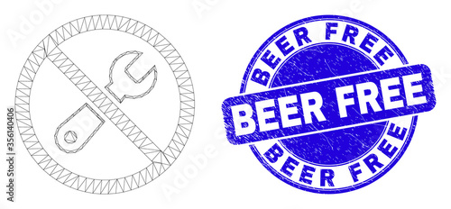 Web carcass forbidden repair icon and Beer Free seal stamp. Blue vector rounded distress seal stamp with Beer Free title. Abstract frame mesh polygonal model created from forbidden repair icon.