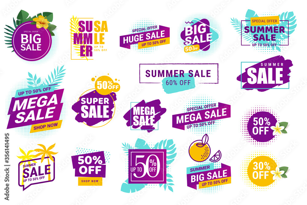 Summer sale. Vector illustrations for social media ads and banners, website badges, marketing material, labels and stickers for products promotions, graphic templates.