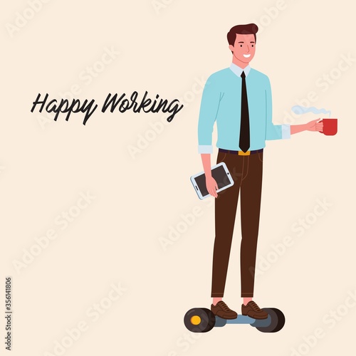 a male employee using a hoverboard and holding a coffee and tablet is prepared for work
