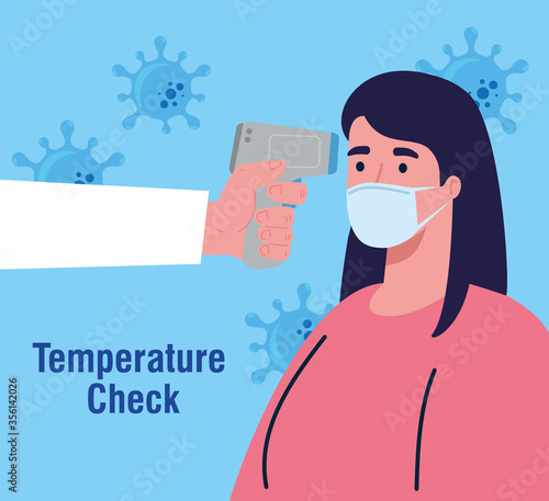 covid 19 coronavirus, hand holding infrared thermometer to measure body temperature, woman check temperature vector illustration design