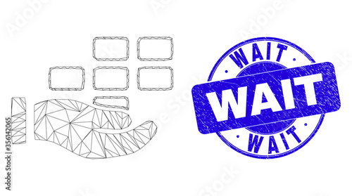 Web mesh hand offer bricks pictogram and Wait watermark. Blue vector round scratched watermark with Wait text. Abstract frame mesh polygonal model created from hand offer bricks icon.