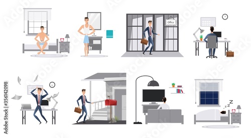 vector cartoon flat style of man day in life, office work or work from home. Day routine infographic.