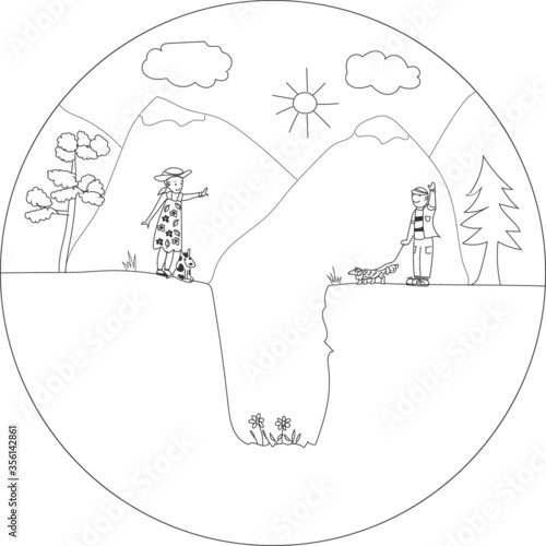 vector image of a walk with a dog in the conditions of antisocial distance